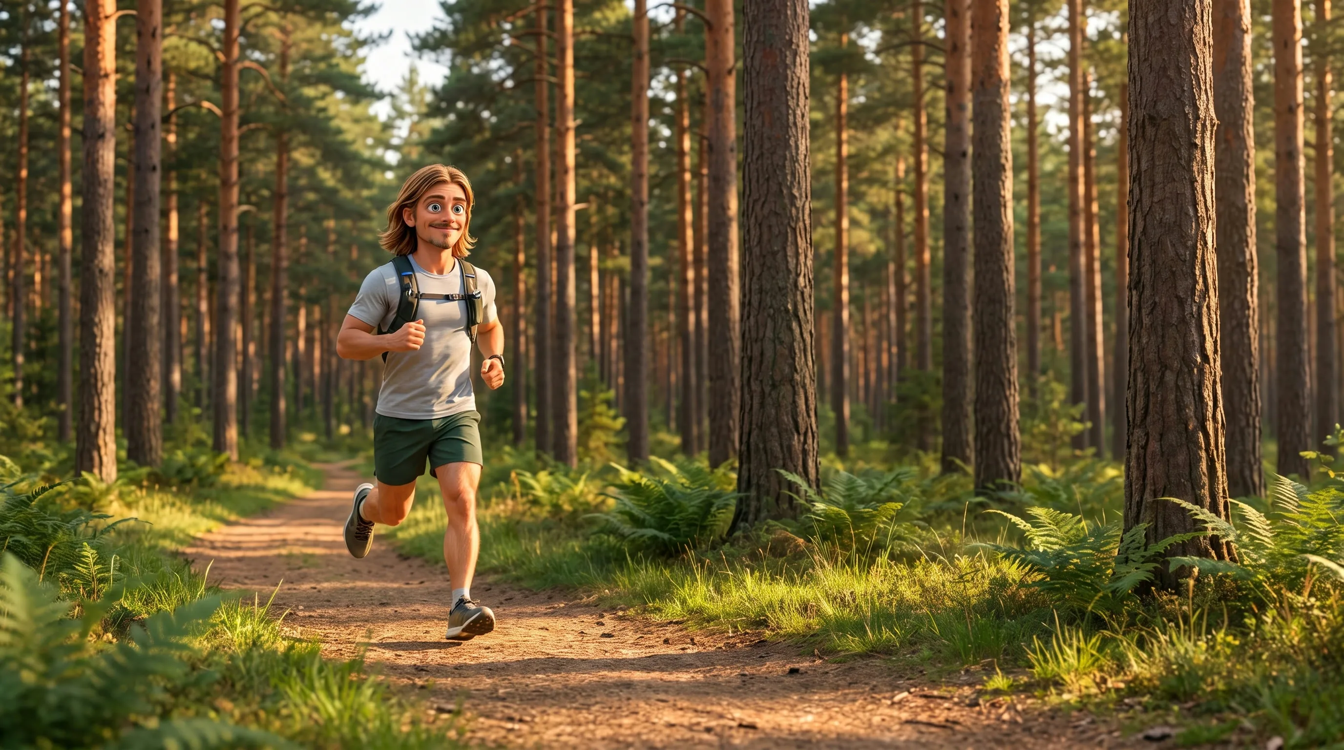The MyFitBook character jogging through a pine forest
