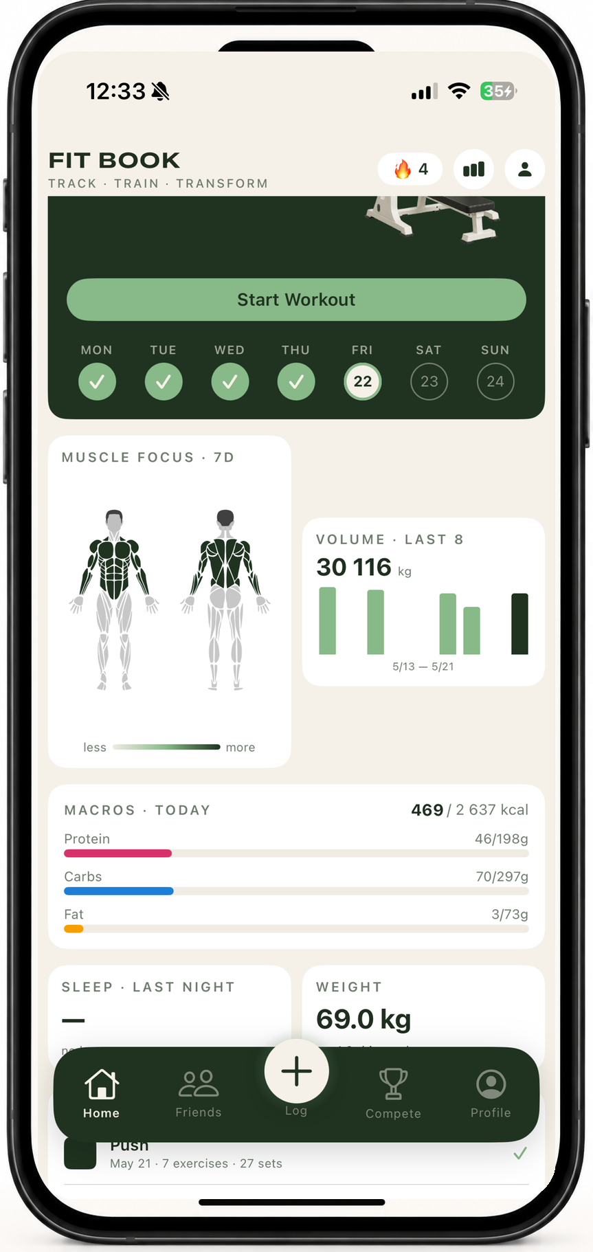 FitBook home dashboard — weekly workout streak, muscle focus, training volume chart, and macro tracking