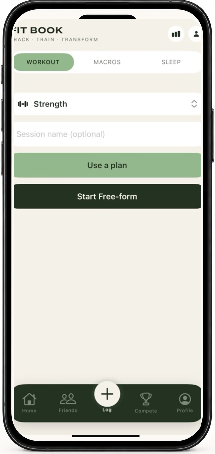 FitBook log screen — workout, macros, and sleep tabs with strength workout setup