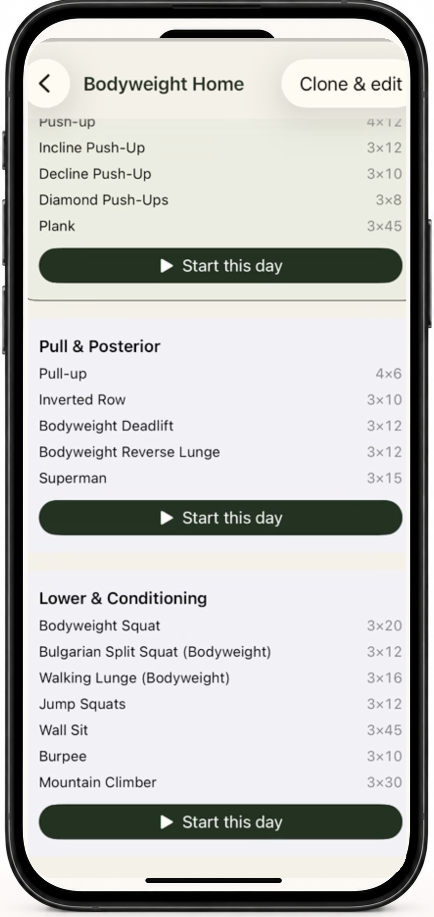 FitBook plans — Bodyweight Home workout structured into Push & Posterior, Pull & Posterior, and Lower & Conditioning