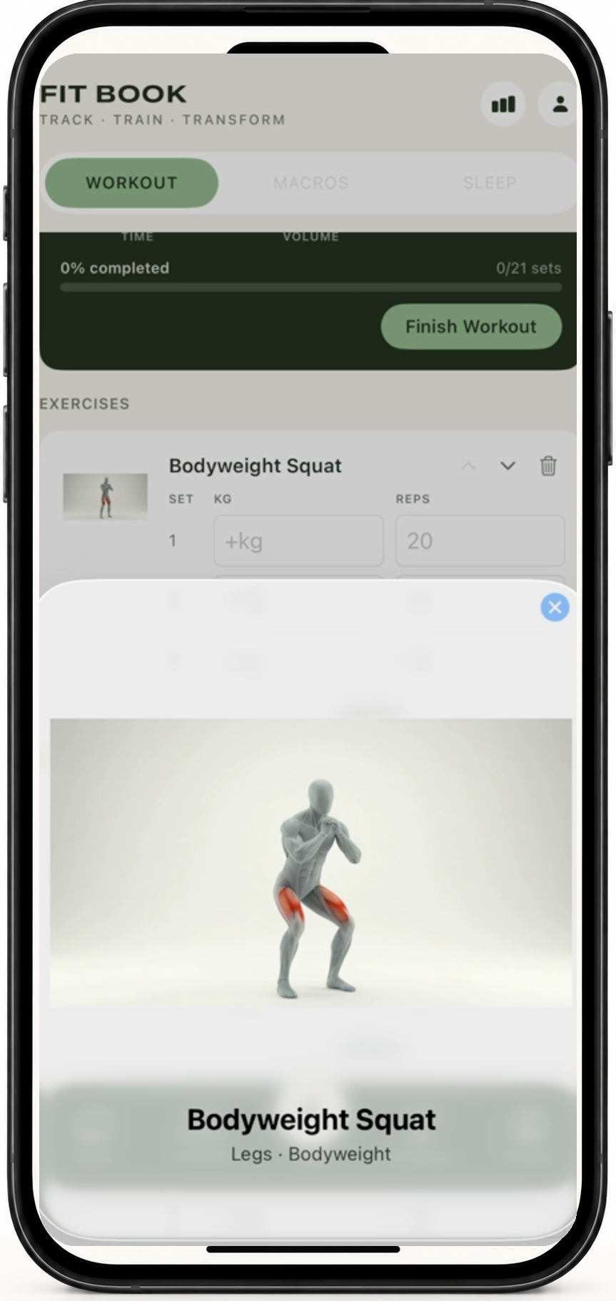 FitBook active workout view with exercise progress and the 3D anatomy detail for Bodyweight Squat